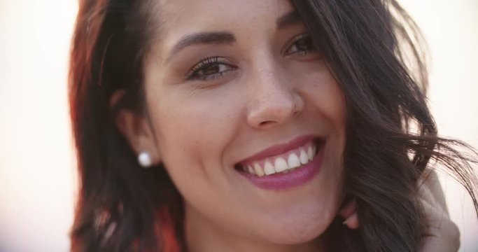 beautiful woman smiling happy portrait while talking during romantic gourmet dinner outdoor at sunset.close shot.Happiness, relax. Friends italian trip in Umbria.4k slow motion