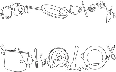Background with Utensils and Food. Cooking Horizontal Pattern. Vector illustration.