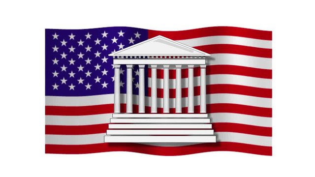 Animation of a court justice building and the USA flag - America legal, supreme or law system