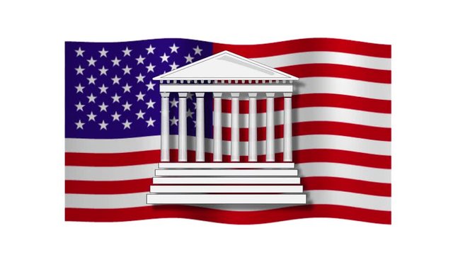 Animation of a court justice building and the USA flag - America legal, supreme or law system 