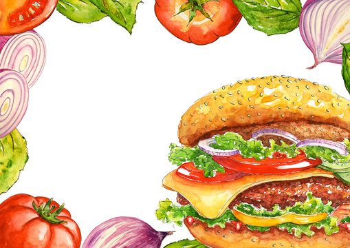 Watercolor burger with vegetable background . Beef hamburger with steak, cheese, tomatoes, onion, bacon, salad. Hand drawn fast food. Design for cafe and restaurant. Illustration for menu. Template