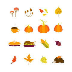 Thanksgiving elements in hand drawn style - mushrooms, acorn, oak