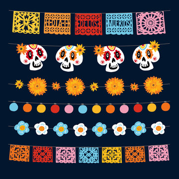 Set of Dia de los Muertos, Mexican Day of the Dead garlands with lights, bunting flags, papel picado, marigold and ornamental skulls. Collection of Halloween garden party decorations. Isolated vectors