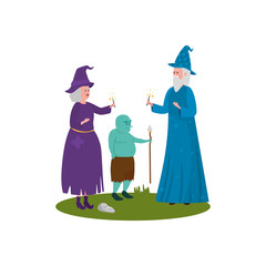 wizard with witch and ogre avatar character vector illustration design