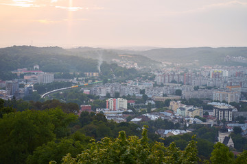 Lvov in sunset light, view from hill