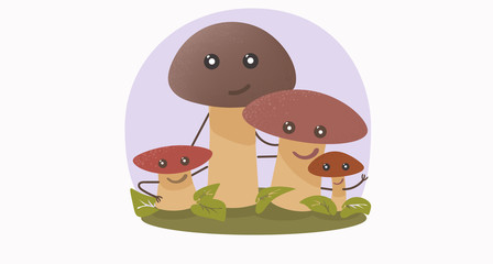 Mushrooms family. Cartoon and flat style. Mushrooms set. Vector illustration. Colorful and funny composition. Mushrooms in meadow.