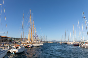 Fototapeta premium 05 OCT 2019 - Saint-Tropez, Var, France - Sailboats in the harbor during the 2019 edition of 'Les Voiles de Saint-Tropez' regatta