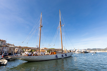 05 OCT 2019 - Saint-Tropez, Var, France - Sailboat in the harbor during the 2019 edition of 'Les Voiles de Saint-Tropez' regatta