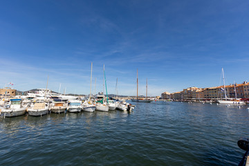 Fototapeta na wymiar 05 OCT 2019 - Saint-Tropez, Var, France - The port and the seafront with all the yachts away during the 2019 edition of 'Les Voiles de Saint-Tropez' regatta