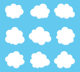 Set of cloud icons on a blue background. Cloud icons in a flat design. Collection of cloud icons