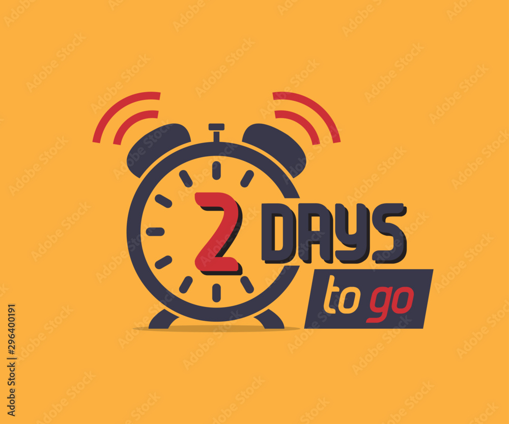Poster 2 days to go countdown icon with alarm clock. marketing promo icon