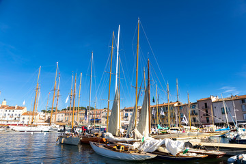 Fototapeta na wymiar 05 OCT 2019 - Saint-Tropez, Var, France - Sailboats in the port during the 2019 edition of 'Les Voiles de Saint-Tropez' regatta