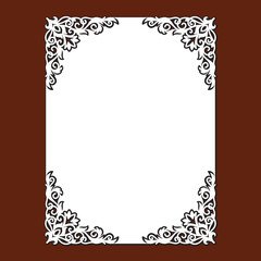 Wedding invitation card with lace angular frame at vintage style. Laser cut template of openwork vector silhouette. For envelope with ornate floral ornament. Decorative design pattern for holiday.