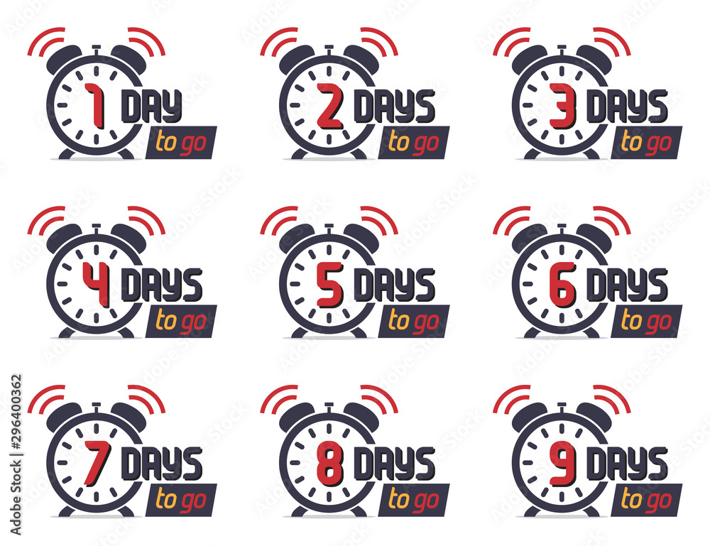 Poster set of countdown days to go icons with alarm clock. marketing promo icon