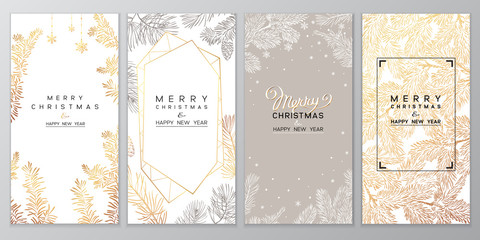 Christmas Poster set of Christmas Background with golden branches of christmas tree. - 296400315