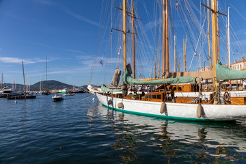 05 OCT 2019 - Saint-Tropez, Var, France - Sailboats in the port during the 2019 edition of 'Les Voiles de Saint-Tropez' regatta