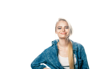 young blond woman on white backgroung gesture thumbs up, isolated emotional posing close up