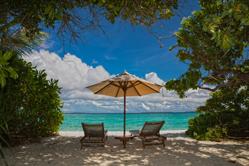parasol and chairs on the beach of hanimaadhoo (maldives)