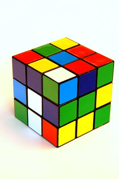 illustrative editorial image of a scrambled colorful Rubik's cube - circa 2009 - Louvain, Belgium