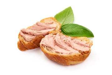 Freshly baked croissants with chicken liver pate, isolated on white background