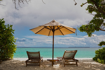 parasol and chairs on the beach of hanimaadhoo (maldives)