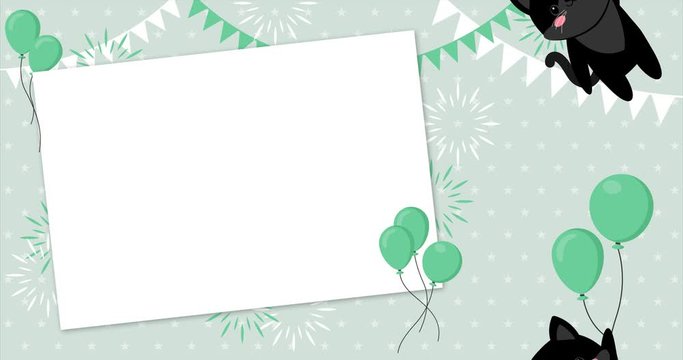 Cute baby kitten flying in the sky with rectangular frame, between colorful balloons, animation made in 4K cartoon vector design. Template, banner for baby shower, mailing, invitation, greeting cards&hellip;