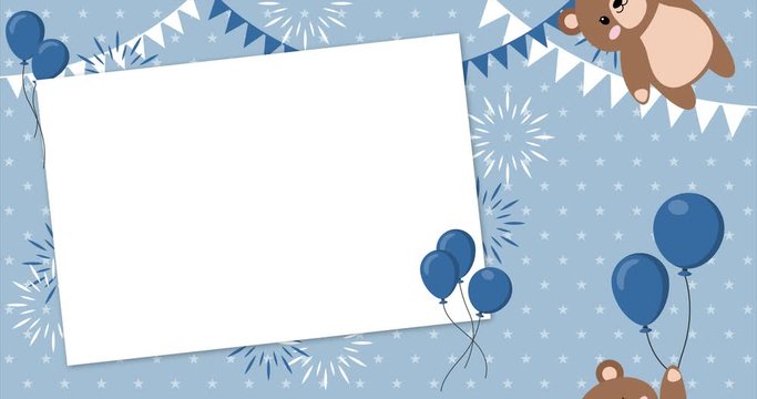 Cute baby bear flying in the sky with rectangular frame, between colorful balloons, animation made in 4K cartoon vector design. Template, banner for baby shower, mailing, invitation, greeting card...