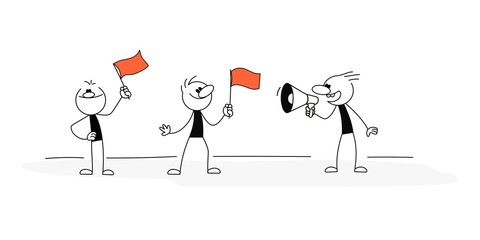 Doodle stick figure: Sketch set of men with flags and speaker. Doodle cute concept about about power. Hand drawn cartoon vector illustration for business design.