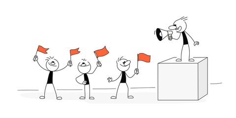 Doodle stick figure: Sketch set of men with flags and speaker. Doodle cute concept about about power. Hand drawn cartoon vector illustration for business design.
