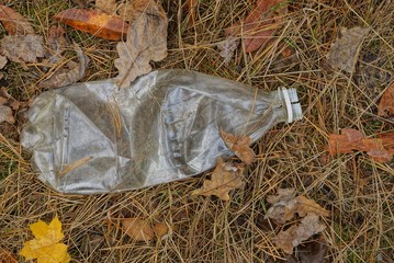 garbage from one gray plastic bottle on dry needles in the forest