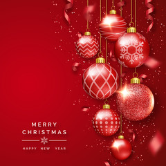 Fototapeta na wymiar Christmas background with shining ribbons, confetti and colorful balls. New year and Christmas card illustration on red background