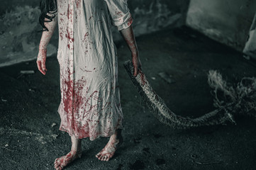 Horror ghost woman towing rope with resentment  torture and ask for help blood in hand, Halloween...