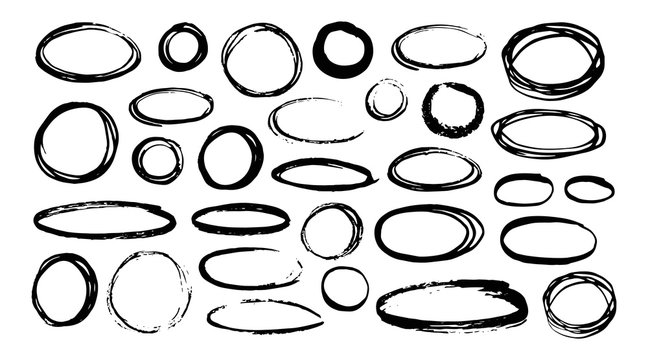 Set of hand painted ink circles and ovals