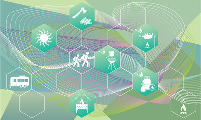 Poster with Set of travel and camping equipment icons