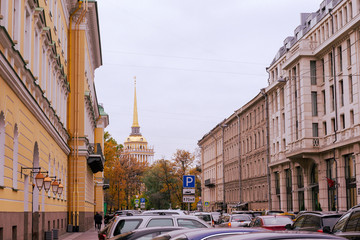 Golden spire on the Admiralty building in St. Petersburg, 18th century building, autumn,