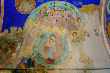 Obraz na płótnie Canvas Frescoes of Cathedral of the Nativity in the Kremlin of Suzdal, well preserved old Russian town-museum. A member of the Golden ring of Russia