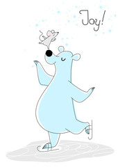 Mouse on the nose of a bear on skates, holiday card for your design, vector illustration