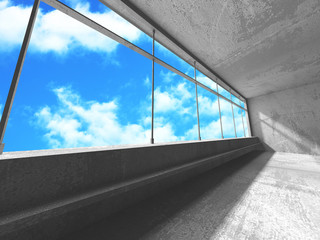 Concrete room wall construction on cloudy sky background