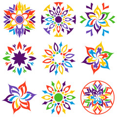 Set of colored decorative flowers. Ornamental signs.