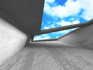 Concrete room wall construction on cloudy sky background