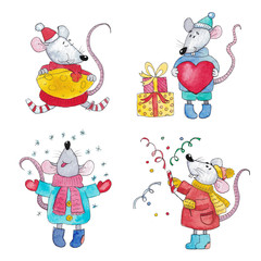 Watercolor set of Christmas rats