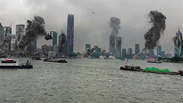 China Shanghai Under Attack with buildings destroyed Illustration Powerful Video Illustration using real footage with visual effect elements of Shanghai City After Attack with buildings on fire, Helic