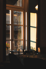 Window of a restaurant at golden hour