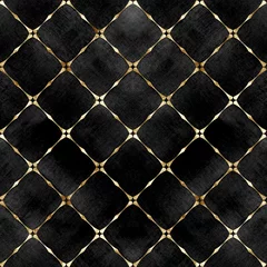 Behang Aquarel abstracte geometrische zwart fluwelen streep geruite naadloze patroon met gouden glitter lijn contour © Olga