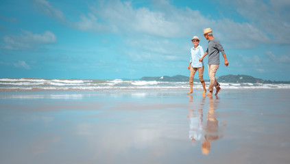 Senior couples walking hand in hand on the beach at sunny day, plan life insurance with the concept...