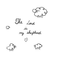 sheep on the field. Hand lettering Psalm 23 The Lord is my shepherd. Biblical background. Vector illustration