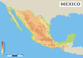 Mexico. Detailed physical map of country colored according to elevation, with rivers, lakes, mountains. Topography and geographi map of Mexico. Vector illustration.