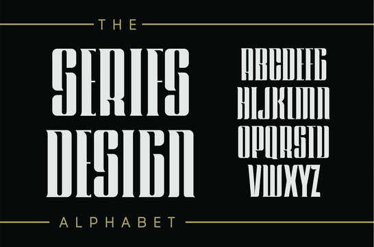 Set of tall letters with elegant serifs. Classic vintage style, decorative vector ancient alphabet. Font for headline,logo,lettering,monogram and poster. Retro typographic design on black background.