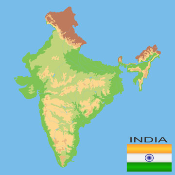 India. Detailed Physical Map Of India Colored According To Elevation, With Rivers, Lakes, Mountains. Vector Map With National Flag.