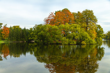 Fototapeta premium Autumn Park in Pushkin. Large pond. Saint-Petersburg. Morning.